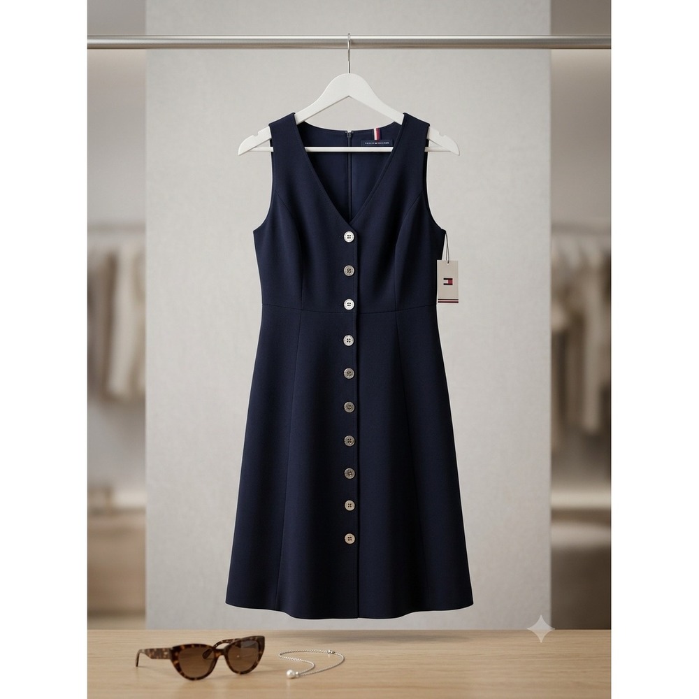 Tommy Hilfiger Womens Navy Blue Button Front V-Neck Fit & Flare Dress Size 10